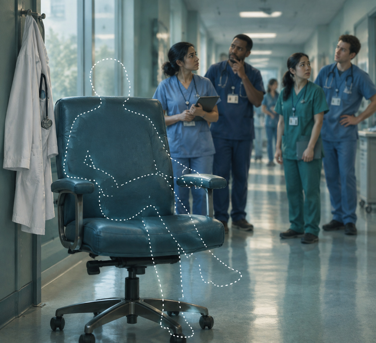 An empty leather office chair in a hospital corridor with a white outline of a seated figure drawn over it