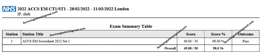 ACCS EM CT1/ST1 exam scoresheet showing a 98% score